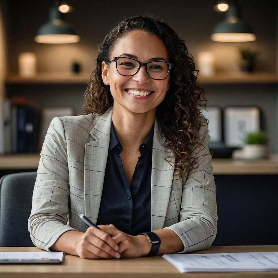 ai generated, business, woman, accounting job, office, smiling, glasses, work, desk, office, office, office, office, office