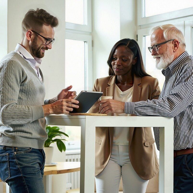 ai generated, teamwork, collaboration, business, colleagues, diverse, diversity, group, meeting, discussion, tablet, technology, digital, office, modern, corporate, professional, white man, senior man, standing, talking, showing, explaining, engaged, planning