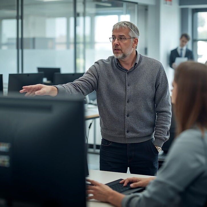 office, computer, collaboration, teamwork, learning, technology, modern, workplace, people, business, discussion, pointing, screen, desk, classroom, training, education, employees, professionals, meeting, group, interaction, insight, guidance, ai generated